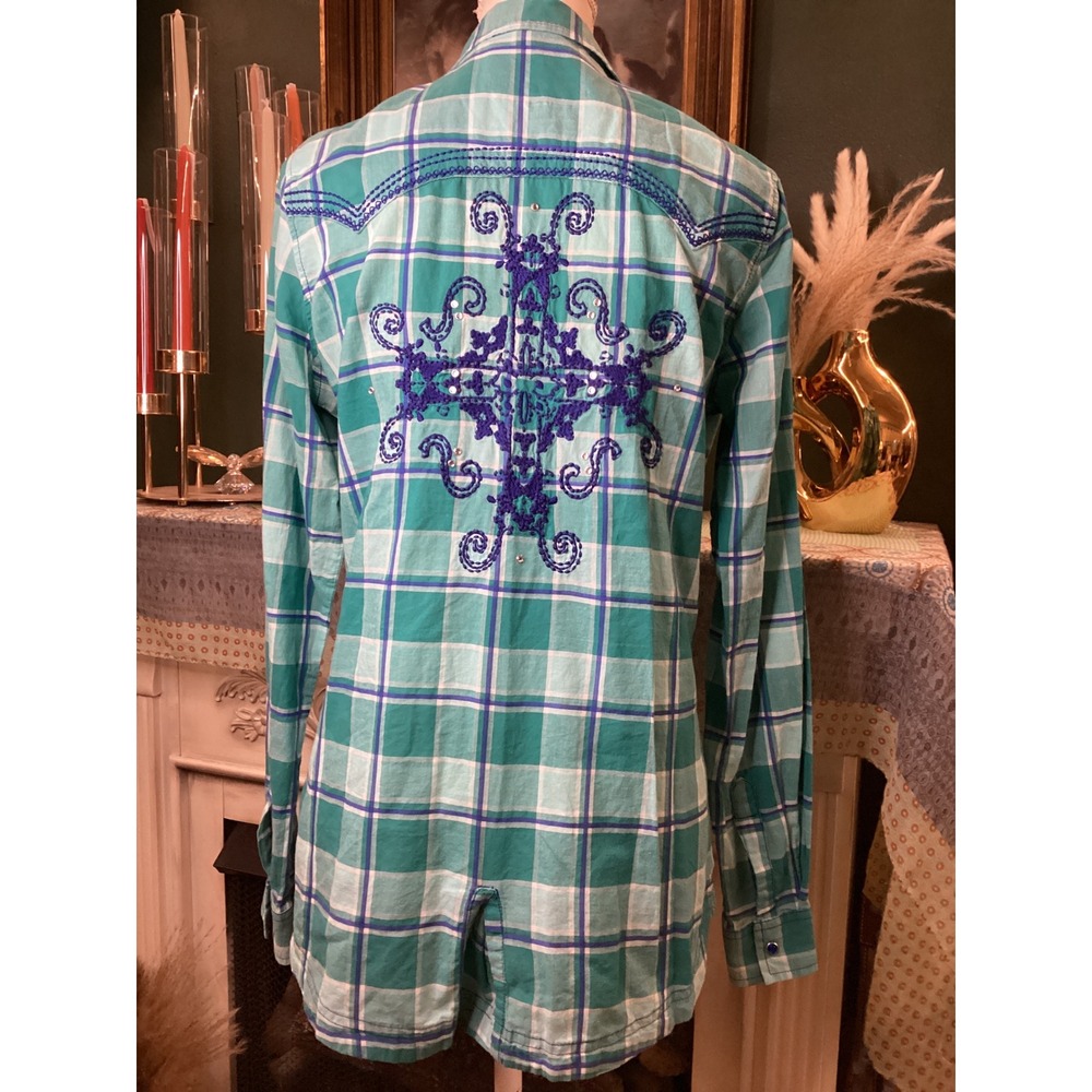 Wrangler Rock 47 Womens Teal Blue Plaid‎ Embroidered Western Snap Shirt Medium
